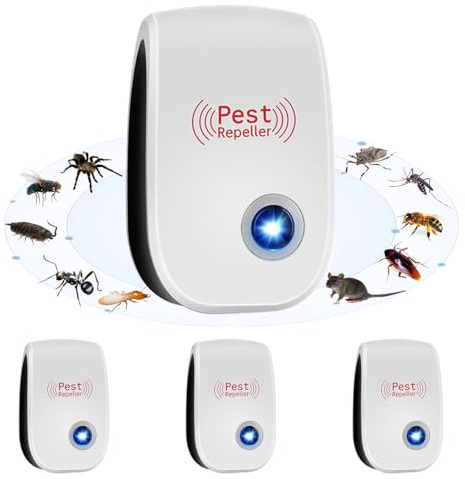 Repelente Ultrasónico de Plagas,4 Pack Repelente Mosquitos Electrico Ultrasonico, Eficaz contra Hormigas, Moscas, Insectos, Cucarachas, Ratones, Mosquitos, ArañAs, Amigable con Personas Y Mascotas