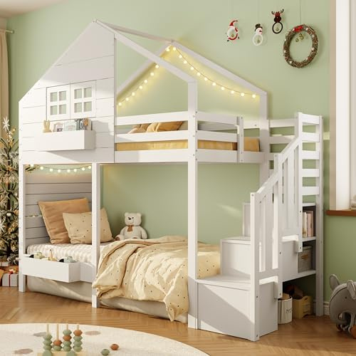 Solid Wood Bunk Bed with Storage Stairs&2 Boxes&Window, 3FT Single Bunk Beds Tree House Bed Children's Bed with Guardrail&Slats, High Sleeper Loft Bed Frame Youth Beds for Kids Teens Adults, White