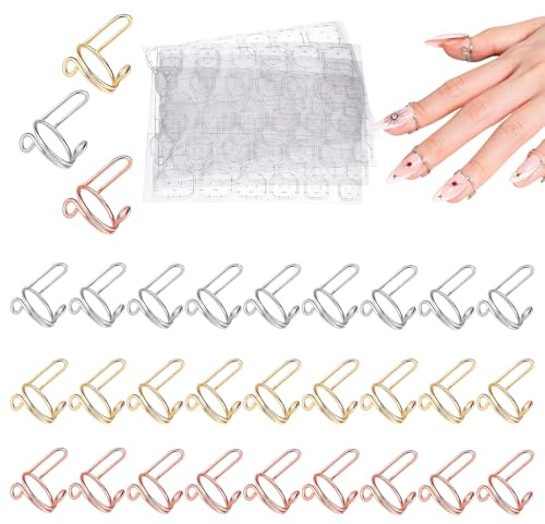 30 Pcs Elegant Nail Rings for Women,Nail Ring with 5 Pieces Adhesive Tabs, Adjustable and Perfect for Halal Nails(Gold,Rose Gold & Silver)