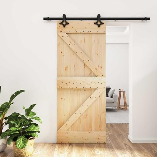 Runheo Puerta corredera de madera natural de pino macizo, 85 x 210 cm, con riel de acero pulverizado, ahorra espacio para interiores, ideal como puerta de habitación, separador de habitaciones, puerta