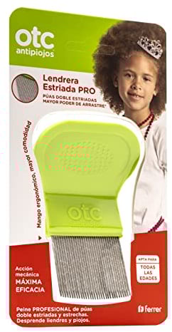 OTC Antipiojos Lendrera Estriada Pro, Peine Profesional con Púas Dobles Estriadas de Acero Inoxidable y Mango Ergonómico, Elimina Eficazmente Piojos y Liendres, Sin Cortes ni Tirones