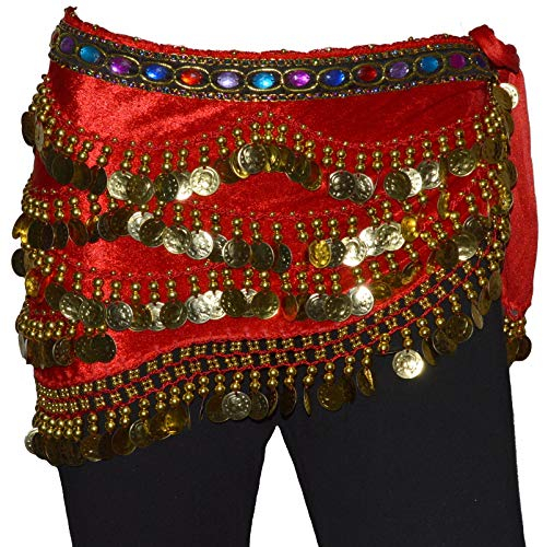 Tanzbekleidung & Accessories Bauchtanz Münzgürtel Samt Hüfttuch Belly Dance Bauchtanzgürtel Karneval Münzen (Rot)