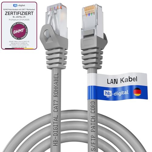 HB-DIGITAL 7,5m CAT 7 LAN Kabel RJ45 Patchkabel mit CAT 7 Rohkabel S/FTP - GHMT zertifiziert - 10 Gbps Ethernet Netzwerkkabel Kupfer Profi PiMF für Patchpanel Switch PC Router - Grau
