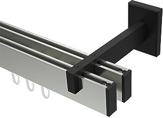 INTERDECO Innenlauf-Gardinenstange eckig 14 x 35 mm 2-läufig, kantige Innenlaufstange aus Metall, Edelstahl-Optik mit Schwarz, zur Wandmontage, Typ 10212822, 220 cm