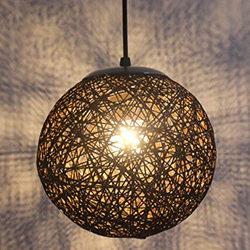 STOEX Rétro Suspension Luminaire en Rotin Globe Rond, Lustre Abat-jour DIY Lampe Plafond E27 pour Salon Restaurant Centre commercial Bar (Noir, 15cm)