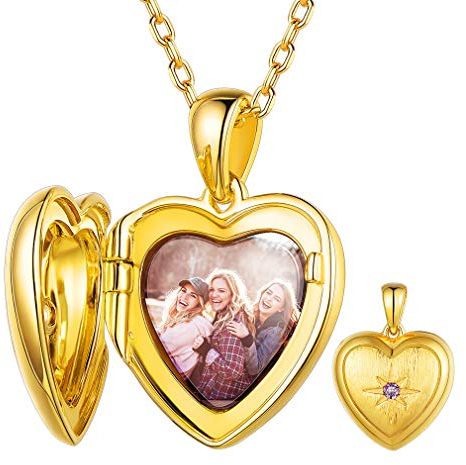 Custom4U Individuelle Photo Medaillon mit Polarstern Geburtstein zum Öffnen Bilder Amulett Silber Geburtsstein Fotobox-Herzanhänger Halskette mit Fotogravur/Motiven-Gravur in Gold mit 46cm Kette
