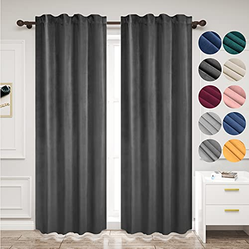 WOLTU 2 Stücke Samtvorhänge Blickdicht Verdunklungsvorhang mit Kräuselband Thermogardine, 300 g/m² Schwere Samtige Verdunkelungsgardinen für Schlafzimmer Wohnzimmer, 140x225 cm(B x H) Dunkelgrau