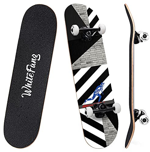 WhiteFang Skateboards 89,9 cm Komplett-Skateboard, Doppelkick Skate Board, 7 Schichten kanadisches Ahorn-Deck-Skateboard für Kinder und Anfänger (endloser Weg)