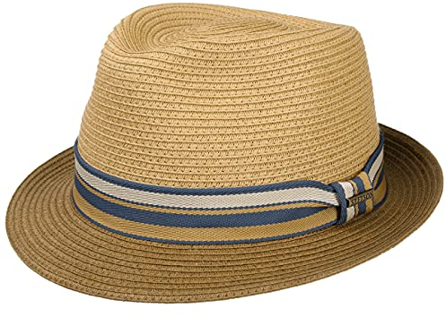 Stetson Licano Toyo Trilby Strohhut Herren - Aus 100% Toyo-Stroh - Hut mit UV-Schutzfaktor 40+ - Sonnenhut mit Ripsband - Zweifarbig - Krempe (ca. 4,5 cm) - Fedora Frühjahr/Sommer braun L (58-59 cm)
