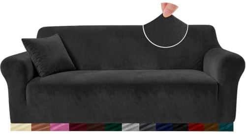 Teynewer Thick Velvet Sofa Covers, 2 Seater Stretch Couch Cover, Black | Non-Slip Plush Soft Sofa Slipcover with 1 Pillowcase, Machine Washable Furniture Protector for Dogs Pets Cats, Living Room