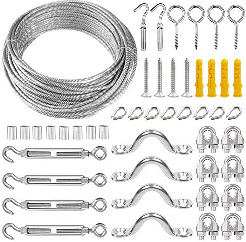 LYCXAMES Drahtseil Edelstahl Set, 30M Drahtseil Rankhilfe Set, Φ2mm Stahlseil Ummantelt, Stahlseil mit ösen, Spanndraht Seilspanngarnitur, für kletterpflanzen, String Light Suspension, Gardinen
