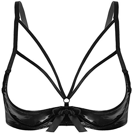 dPois Damen Hebe BH Push Up Offene Brust Büstenhebe Sexy Lack Leder Oberteil Top Unterwäsche Reizwäsche Ouvert Dessous Schwarz M