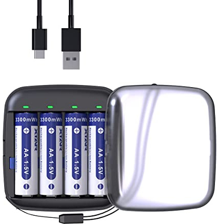XTAR Batteria AA 1.5V AA al litio ricaricabile batterie al litio 3300mWh Volt costante AA batterie al litio, 4 Conteggio con caricatore BC4