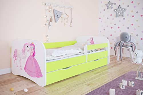 KOCOT KIDS Babybett 2, Prinzessinnen-Motiv, mit Schublade und Matratze, 160/80 cm, Grün