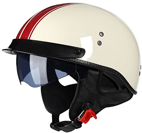 LHBM Retro Oldtimer Halbschale Motorrad-Helm mit DOT/ECE-Zulassung, Jet-Helm Roller-Scooter Brain-Cap mit Built-in Visier A, 2XL=61-62cm