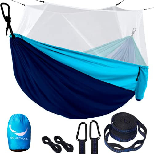 NATUREWOOD Hamaca Colgante con Soporte y Mosquitera | para Exterior, Playa, Jardin, Terraza, Camping | Tela de Nylon, Plegable, Fácil Montaje | (255 x 137 cm)