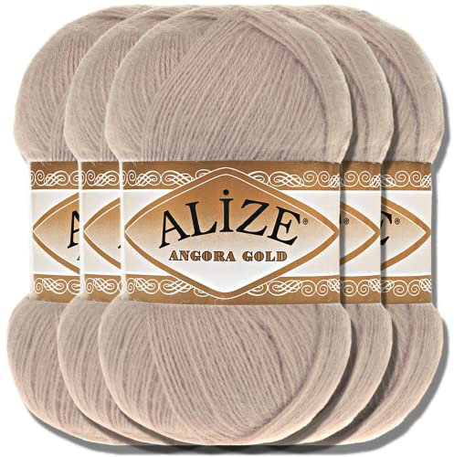 Hobby YARN Alize 5x 100g Angora Gold Türkische Premium Wolle Dünne Mohair aus Schurwolle Babywolle als Strickgarn Handstrickgarn Einfarbig Uni Yarn (Stone | 506)