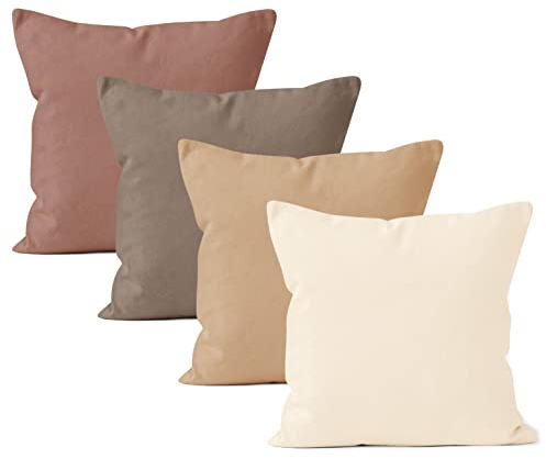 Encasa Baumwoll-Kissenbezüge, 4er-Set I 18x18 in (45x45 cm) - Beige Combo I kein Einsatz I einfach Kissenbezüge I Maschinenwaschbar | Nur Innen benutzen