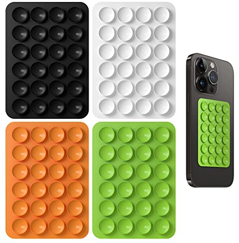 NEWZEROL(4 Pcs Silicone Suction Phone Case Adhesive Mount for All iPhone and Android Cellphones,Suckers Cups Strong Adhesion Holder for Selfies and Videos Sticker Tray - Black,White,Orange and Green