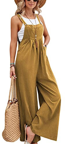 Pantaloni Con Cinturino Casual In Tinta Unita, Salopette A Gamba Larga Per Donna, Tuta A Gamba Larga Con Pettorina Ampia Con Tasche, Tute In Lino Di Cotone A Vestibilità Ampia (Giallo profondo,3XL)