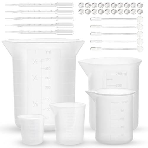 WZYTEU 5 bicchieri da miscelazione, misurino in silicone per miscelare resina epossidica, con 5 bastoncini di plastica, 5 pipette e 20 dita (30 ml/50 ml/100 ml/250 ml/350 ml)