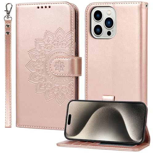ELTEKER Handyhülle iPhone 15 Pro Max Hülle Premium PU Lederhülle Schutzhülle mit Kartenfäch Standfunktion Elegante Prägung Klapphülle für iPhone 15 Pro Max Roségold