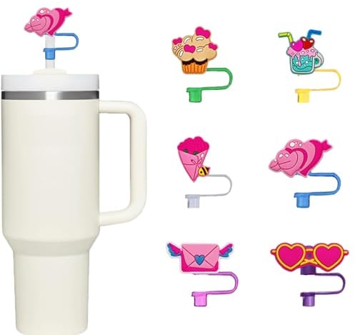 6pcs Stanley Straw Cover, Valentine’s Day Straw Cover for 10mm 0.4in, Heart Rose Glasses Cake Cup Envelope Silicone Stanley Straw Topper, Reusable Drinking Accessories