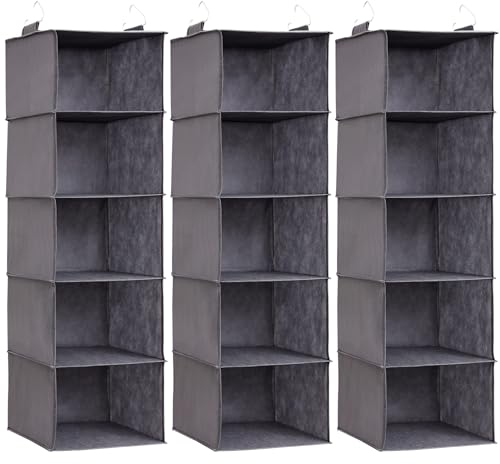 Lifewit 3 Stück Hängeregal, Schrank Organizer, Hängesystem Kleiderschrank, Hängeaufbewahrung aus Stoff, Ordnungssystem Kleiderschrank, Faltbar und Platzsparend mit Metallhaken, 5 Fächer, Grau