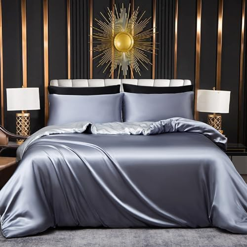 Tospass Satin Seide Bettwäsche 200x220 cm Grau Anthrazit Weiß Wende Bettwäsche Set Glatt Luxus Glanzsatin Deckenbezug Einfarbig Glänzend Bettbezug mit Reißverschluss 2 Kissenbezug 80x80cm