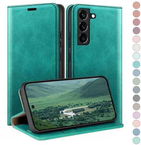 HUOUH for Samsung Galaxy S21 Wallet case with RFID Blocking PU Leather,Credit Card Holder,Flip Folio Book Phone cases Shockproof Cover Women Men for Samsung S21 case Blue Green