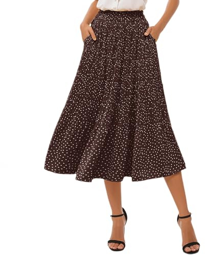 Timuspo Maxi Rock Polka-Dots Midi Plisseerock Damen Chiffon Skirts Sommer Casual Alltag Faltenrock mit 2 Taschen for Women Kaffee XL