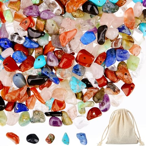RUBY Edelstein Perlen 400pcs, 12 Farben Edelsteine zum Auffädeln, Unregelmäßige Naturstein Perlen Verpackung von Baumwolltaschen, zum Basteln Edelsteine Schmuck, Heimdekoration, Weihnachten