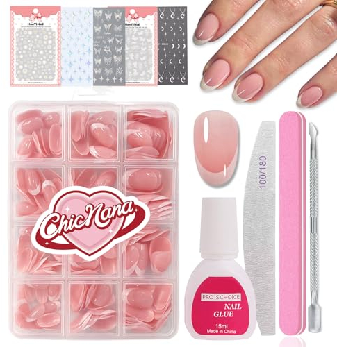 French False Nails Kit, 240Pcs Press On Nails with Stickers, False Nails With Glue Acrylic Fake Nails 12 Sizes Stick On Nails For Women French Tip Gift for Girls (Short Round)