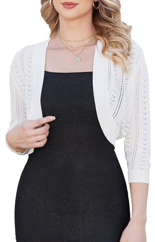 YADIFEN Cardigans for Women UK 3/4 Batwing Sleeve Open Front Lightweight Cropped Cardigan Hollow Out Knit Sweaters Waterfall Cardigans for Summer Evening Dresses Wedding White L
