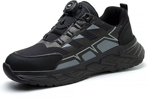 Annvia Safety Trainers for Mens Women Lightweight Steel Toe Cap Trainers Work Safety Shoes Breathable Ladies Safety Boots Non Slip Sneakers Size 10.5 Black Grey 45