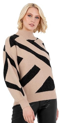 Lovedrobe Women's Jumper Ladies High Neck Long Balloon Sleeve Sweater Geometric Jacquard Button Detail Casual Knitwear Pullover