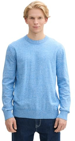 TOM TAILOR Denim Herren Basic Strick-Pullover mit Rundhalsausschnitt,37509 - Bright Blue White Mouline, S