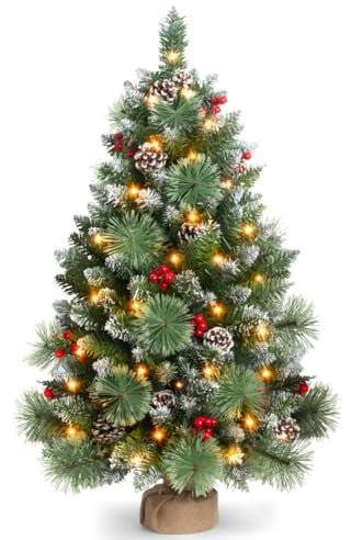 Tigejoy Árbol de Navidad de mesa preiluminado de 3 pies, agujas de pino blanco rociadas, con conos de pino, bayas, incluye 80 LED y base de arpillera, mini árbol de Navidad para decoración del hogar y