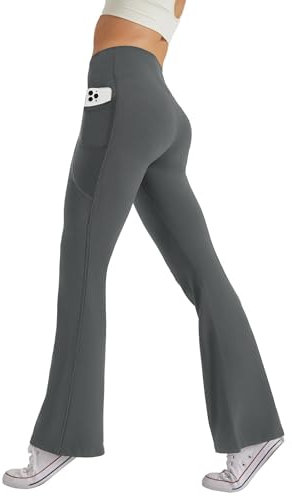 Glacspyg Damen Hose mit Taschen Yogahose Freizeit Jogginghose High Waist Sporthose Elastische Weite Bootcut Jazzpants Dunkelgrau S