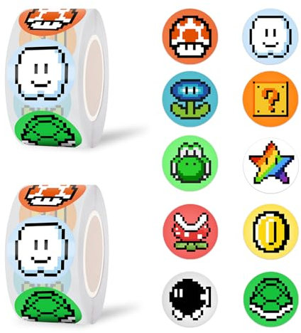 Pounchi Pixel-Spiel-Punkt-Aufkleber (1000 Stück) Cartoon-Belohnungsaufkleber in 2 Rollen, 10 Designs, Geschenke für Lehrer, Schulbedarf, Laptop, Wasserflasche, Vinyl-Aufkleber für Teenager, Kinder