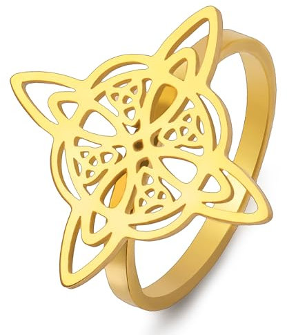 kkjoy Hexenknoten Ring Edelstahl Keltischer Magischer Knoten Heidnischer Wiccan Symbole Ring Hexerei Amulett Schmuck für Frauen Charmante Damen (Stil 1, Gold, Durchmesser 17mm)