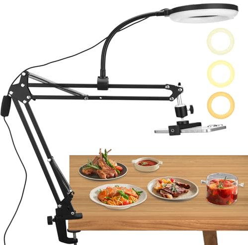 Overhead Phone Stand with Ring Light, Phone Arm Stand 3 Light Colors+10 Brightnesse with Adjustable Light, Desk Arm Stand with Dimmable LED Ring Light for YouTube Live Stream Cooking