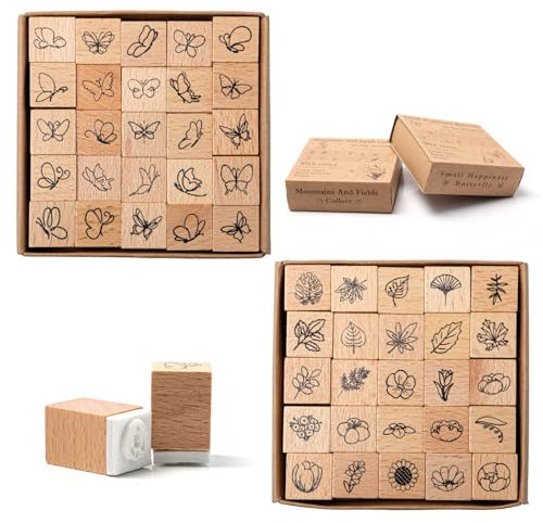 Rebanky 50 Stück Vintage Holzstempel Set – 25 Botanische Blumen, Schmetterlinge & Pflanzenmotive aus Holz/Gummi für DIY Karten, Scrapbooking & Geschenke (Inkl. Aufbewahrungsbox)