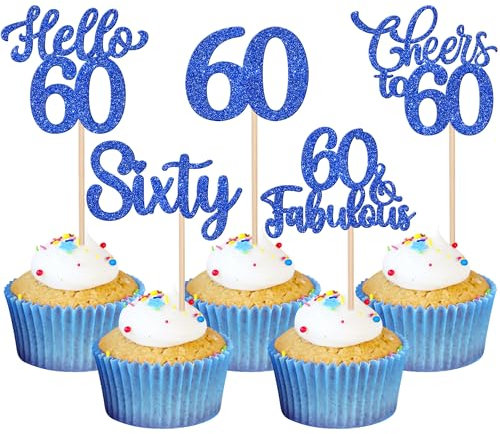 Xsstarmi 30 Pack Happy 60th Birthday Cupcake Toppers Blue Glitter Hello 60 Fabulous Fifty Birthday Cupcake Picks Cheers to 60 Years Cake Decorations for Happy 60th Birthday Party Supplies