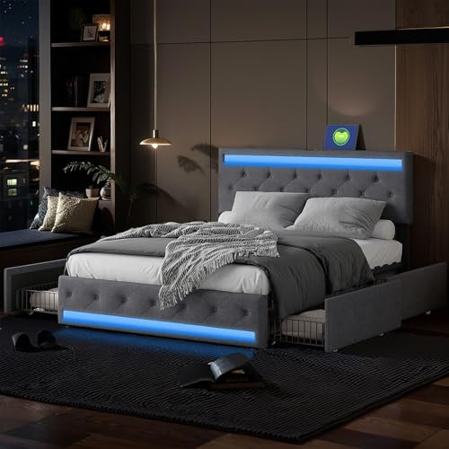 Callicarpa Polsterbett 180x200 cm mit LED und USB, Doppelbett mit 4 Schubladen, Boxspringbett mit Stauraum und Lattenrost, Jugendbett Rückenlehne Bettgestell, Ohne Matratze, Leinen Grau