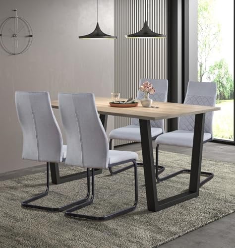 Hallowood Furniture Dudley Industrial Dining Table and Chairs Set 4, 150cm | Sonoma Oak Kitchen Table and Diamond Quilted Grey Fabric Cantilever Dining Chairs Set Of 4, Sled Base Modern Home Furniture