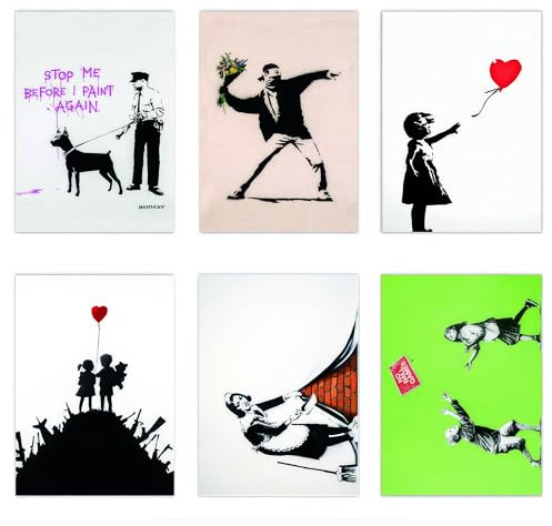 Banksy Postkarten 18er/6er Set mit berühmten Street Art Motiven zu Weihnachten & Geburtstag - Premium Karten auf dickem Papier, beidseitig bedruckt, beschreibbar - Kunst & Geschenkidee (6 Piece Set E)