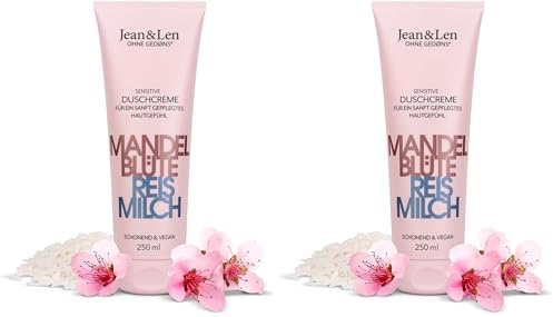 Jean & Len Sanfte Duschcreme Mandelblüte & Reismilch, für trockene & empfindliche Haut, zart-süßer Duft, ohne Parabene & Silikone, veganes Duschgel, 250 ml (Packung mit 2)