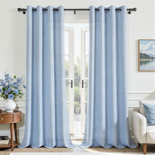 MRTREES Gardinen Leinen mit Ösen Halbtransparent für Fenster Wohnzimmer Modern Schlafzimmer, Vorhang Leinenoptik Landhausstil Lichtdurchlaessig Ösenschal 2er Set H 245 x B 140 cm Blau