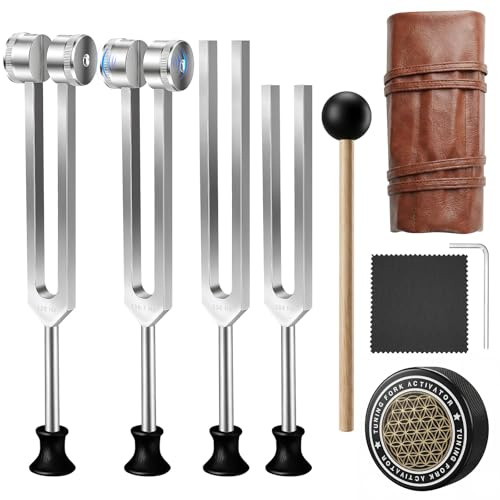 Tuning Forks Set 4 Pack 128-384Hz, Sound Healing Kit with Activator | Weighted 128/136Hz, Unweighted 256/384Hz, Alloy, Leather Pouch, Hockey Puck Activator, For Chakra, Meditation, Yoga, Reiki